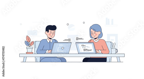 Illustration of two professionals collaborating on laptops at modern office desk with coffee and plants
