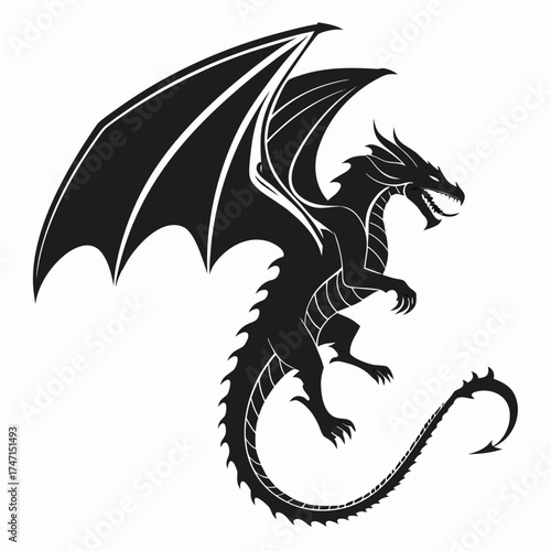 Black dragon silhouette with outstretched wings and curled tail