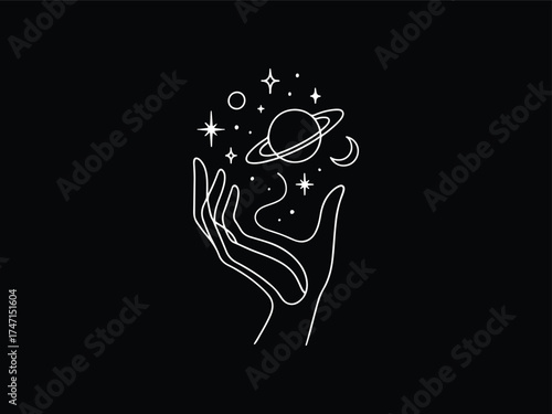 Abstract Hand Holding a Mini Universe – Cosmic Line Art t-shirt Vector