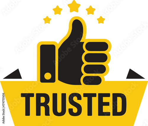 Trusted Badge Vector – Thumbs Up and Star Quality Label Illustration