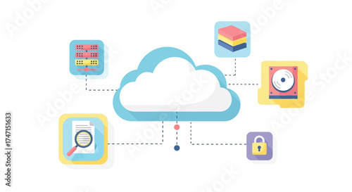 Illustration of modern cloud computing and data security concept with icons and cloud graphic