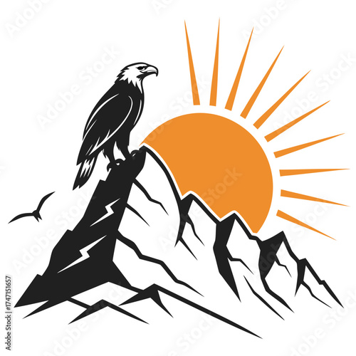 Black eagle on mountain peak with rising sun bird