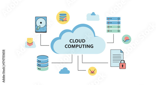 Illustration of modern cloud computing concept with data storage, servers, and networking icons