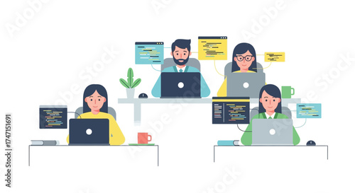 Illustration of team of software developers collaborating on coding projects with laptops and code