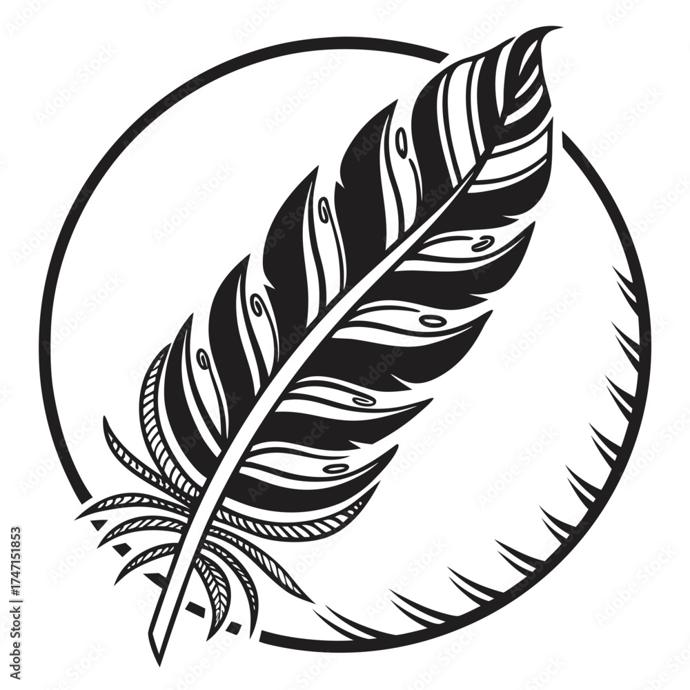 Obraz premium Black feather inside a circle graphic design white