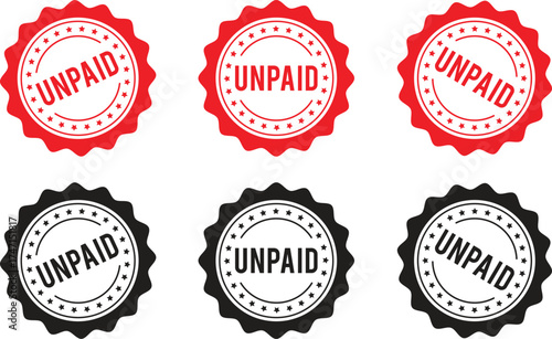Unpaid Stamp Icon Set – Red and Black Round Label Vector Illustration Collection