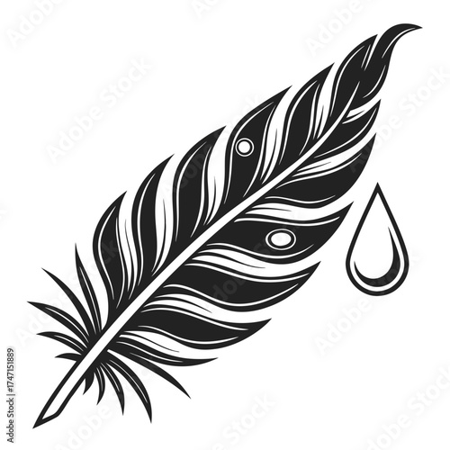 Black feather with water drop outline logo on white