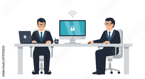 Illustration of two businessmen working together at desks with computers and secure network connection