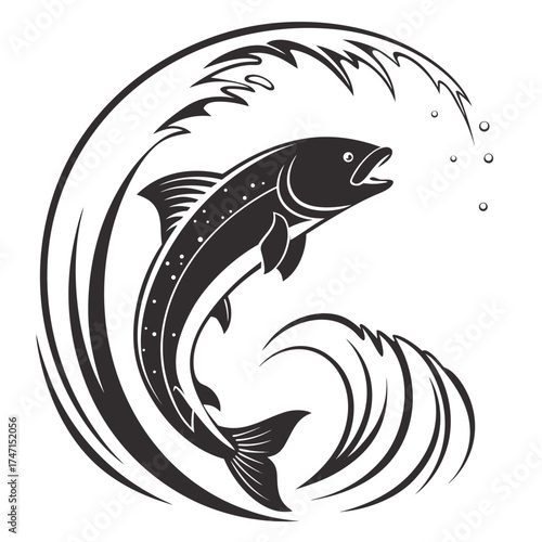 Black fish silhouette jumping through circular wave