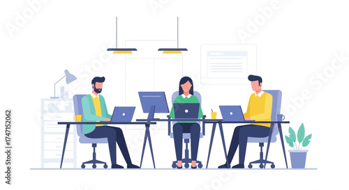 Illustration of diverse team collaborating on laptops in modern office environment with desks and chairs