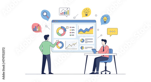 Illustration of business professionals analyzing data and charts on screen during presentation meeting