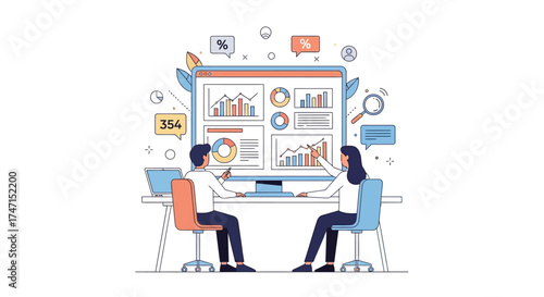 Illustration of business colleagues analyzing financial data and charts on computer screens in office environment