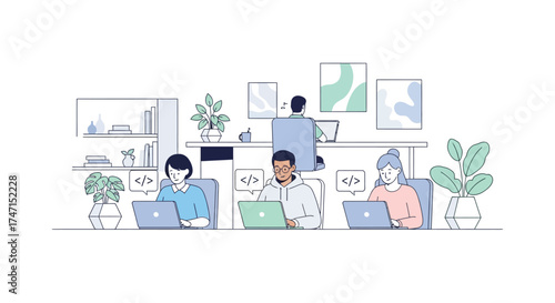 Illustration of diverse team collaborating on laptops in modern office with plants and wall art