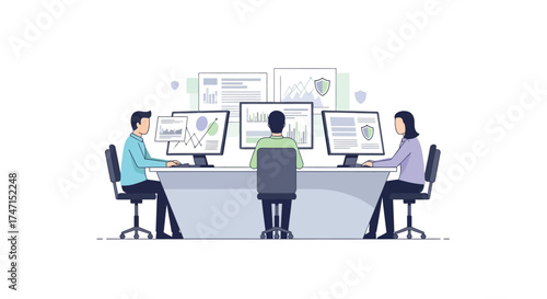 Illustration of team of it professionals collaborating on cybersecurity and data analysis in office environment