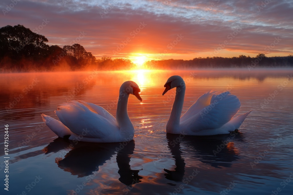 Fototapeta premium Swans gracefully swim in tranquil water at sunrise near a misty lakeshore