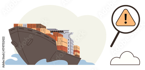 Cargo ship loaded with containers on ocean waves, triangle warning sign magnified. Ideal for logistics, transportation, trade, shipping challenges, supply chain, risk management, simple flat metaphor