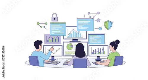 Illustration of team of professionals collaborating on data analytics and cybersecurity projects with digital tools