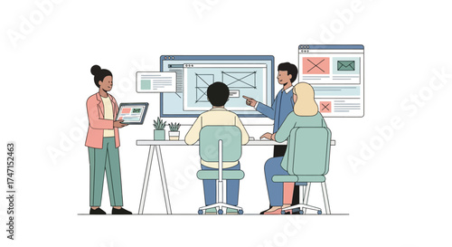 Illustration of team collaborating on digital project with laptops and data analysis on screen
