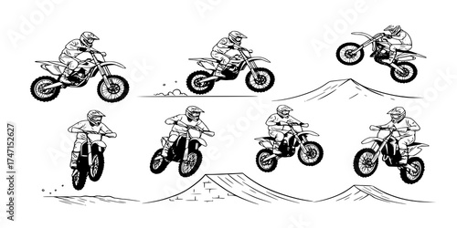 Set of motocross rider overcoming obstacles, black and white vector illustration
