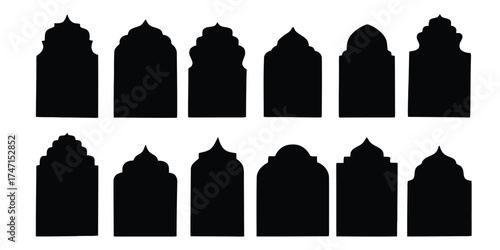 islamic arch, silhouette, architectural element, window, door, gothic, pointed arch, onion dome, mosque, temple, traditional, design, graphic, vector, black and white, isolated, pattern, decorative, o