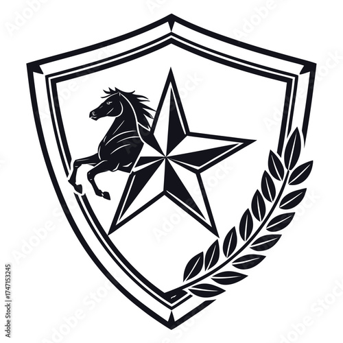 Black horse and star inside shield logo with laurel branch