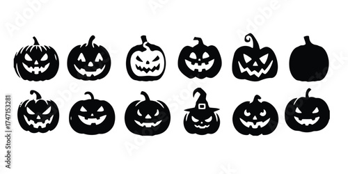 halloween, pumpkin, jackolantern, spooky, carved, scary, face, silhouette, icon, symbol, decoration, autumn, fall, holiday, celebration, design, graphic, vector, black, white, isolated, collection, se