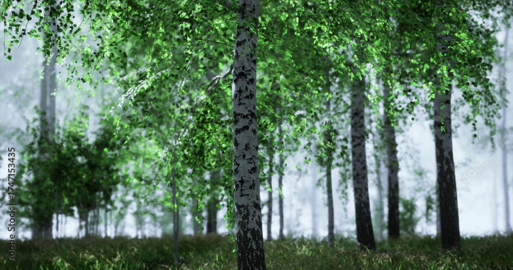 Fototapeta premium Sunlight filters through the canopy of a verdant forest, illuminating fresh green leaves and slender white trunks. The serene atmosphere offers a peaceful nature retreat.