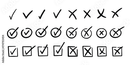 check mark, cross, x, tick, correct, incorrect, yes, no, decision, choice, selection, survey, voting, approval, disapproval, hand drawn, sketch, doodle, black, white, isolated, icons, symbols, graphic
