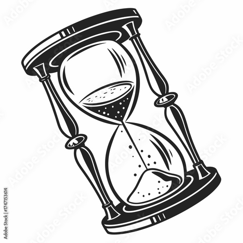 Black hourglass with sand falling white background