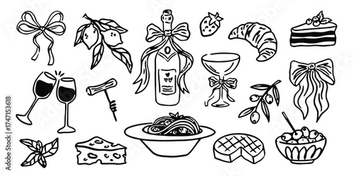 wine, glasses, grapes, cheese, corkscrew, pasta, olives, strawberry, croissant, cake, champagne, bottle, bow, ribbon, basil, food, drink, celebration, party, doodle, sketch, illustration, drawing, bla