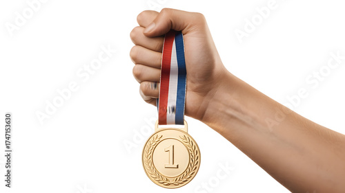 Hand holding first place gold medal with ribbon isolated on white background to celebrate victory
