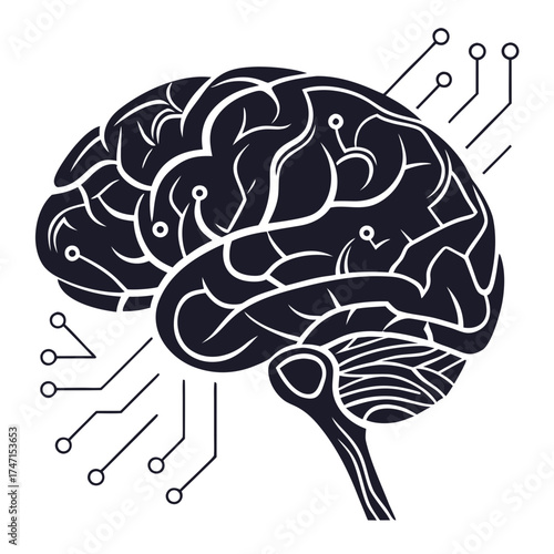 Black human brain circuit style graphic on white technology