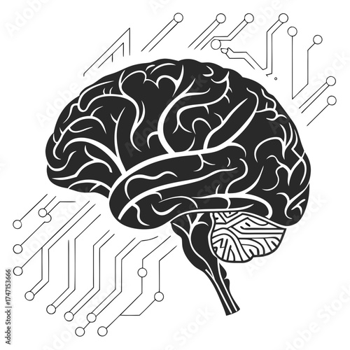 Black human brain with circuit board connections white background