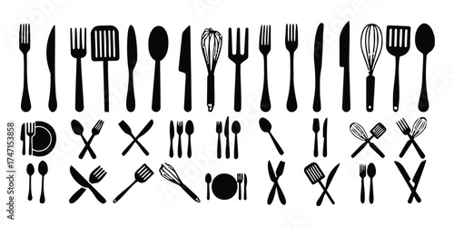 kitchen, utensil, cutlery, silverware, cooking, food, preparation, dining, eating, fork, knife, spoon, whisk, spatula, plate, set, collection, icons, symbols, silhouette, black, white, isolated, graph