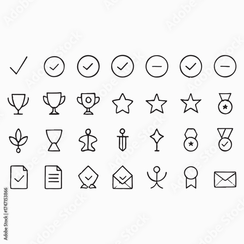 A grid of minimalist line icons depicting awards checkmarks stars and other symbols of achievement.