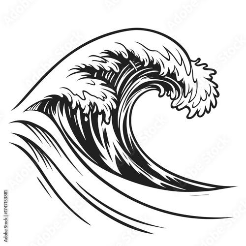Black ink wave cresting on white background water ocean