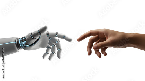 Human hand reaching out to touch a robot hand isolated on white background, concept of future technology