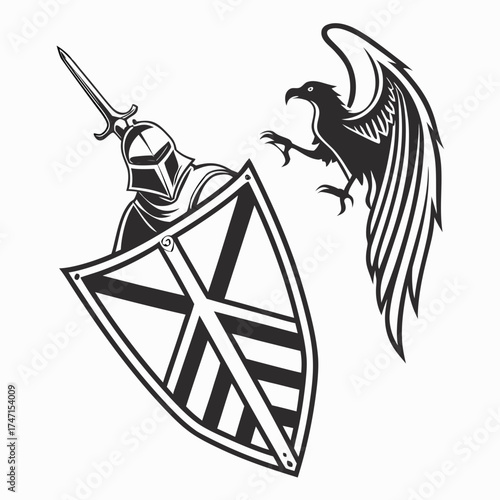 Black knight with shield and sword facing attacking eagle