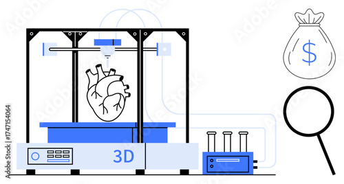3D printer creating a human heart, test tubes, dollar bag, and magnifying glass. Ideal for innovation, healthcare, finance, research technology medical progress and analysis themes. Simple flat
