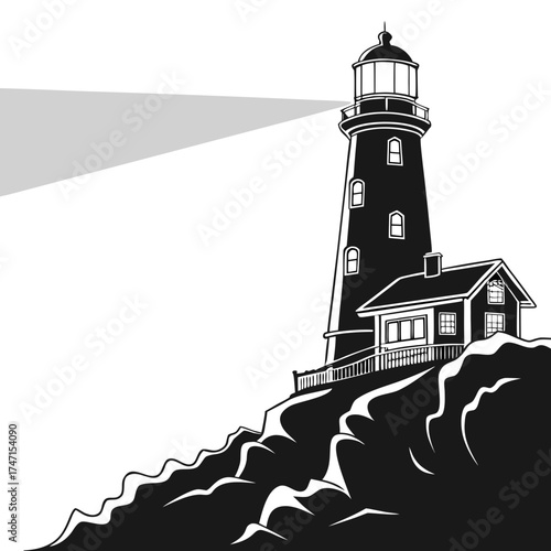 Black lighthouse on rocky cliff with beam of light