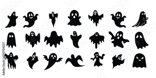 ghost, spooky, halloween, scary, phantom, spirit, apparition, silhouette, icon, symbol, character, cute, creepy, playful, various, different, collection, set, black, white, isolated, graphic, design, 