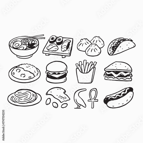 Collection of hand drawn doodle style fast food and asian cuisine icons on a white background