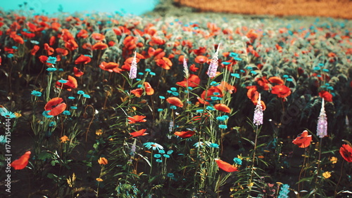 A breathtaking display of spring wildflowers fills the landscape, featuring striking red poppies and delicate blue blossoms swaying gently in the breeze under a clear sky.