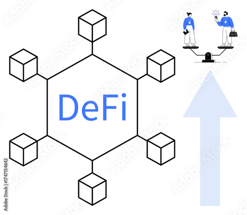 Hexagonal blockchain network labeled DeFi connecting nodes, figures collaborating on scale, upward arrow. Ideal for fintech, decentralized systems, innovation, collaboration, progress, blockchain