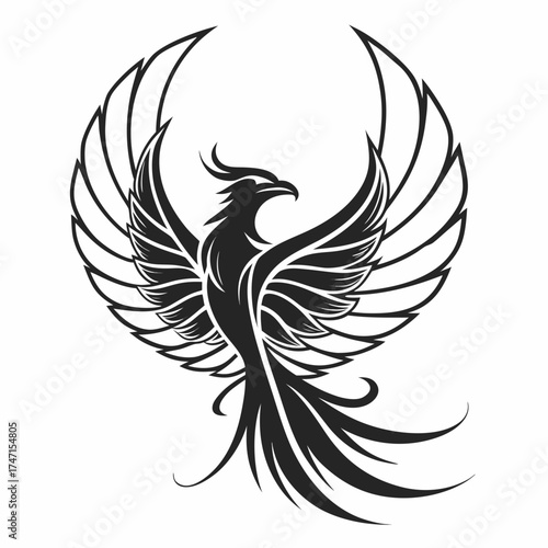 Black minimalist phoenix bird with sharp wings logo