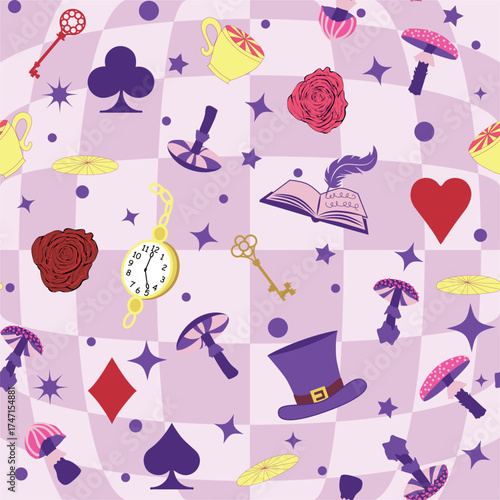 Wonderland pattern elements roses, rabbit, Cheshire cat, flamingo cards hat cup and mushrooms and clock