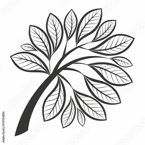 Black monoline tree branch with leaves on white vector