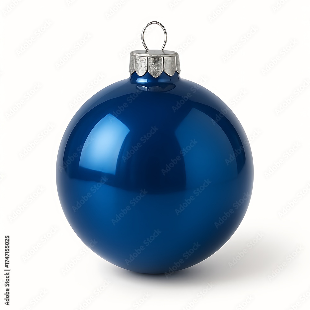 Fototapeta premium Glossy blue Christmas ball ornament isolated on white background, festive holiday decoration sphere with reflection
