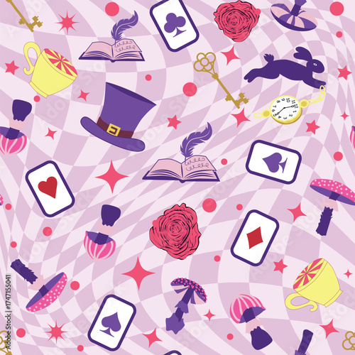 Wonderland pattern elements roses, rabbit, Cheshire cat, flamingo cards hat cup and mushrooms and clock