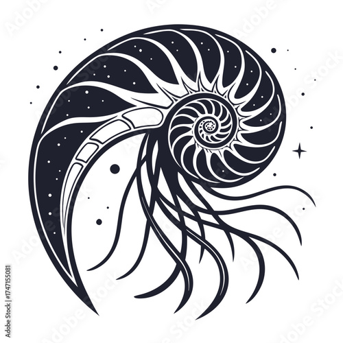 Black nautilus shell spiral with tentacles and dots